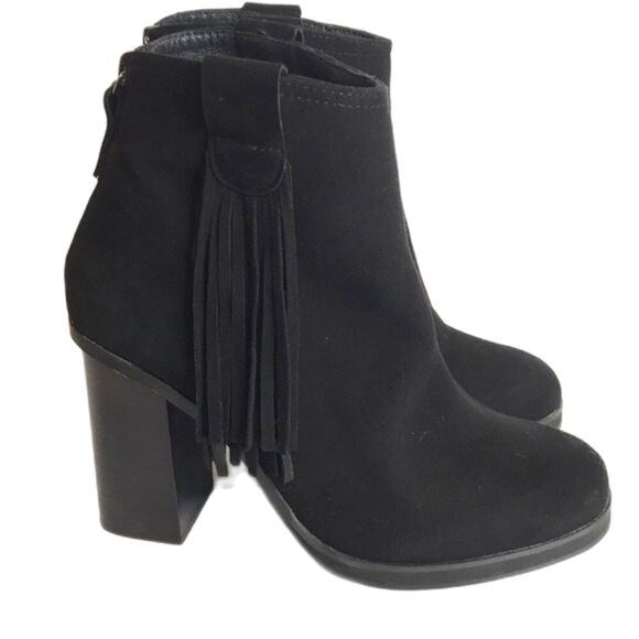 Black suede chunky ankle boots with fringe tassels made in Spain size 10 - Picture 5 of 11